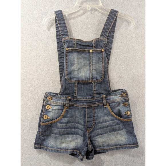 Southpole Bib Overall Shorts Womens Size 9 Denim Embroidered Faded Whiskers - Picture 1 of 12